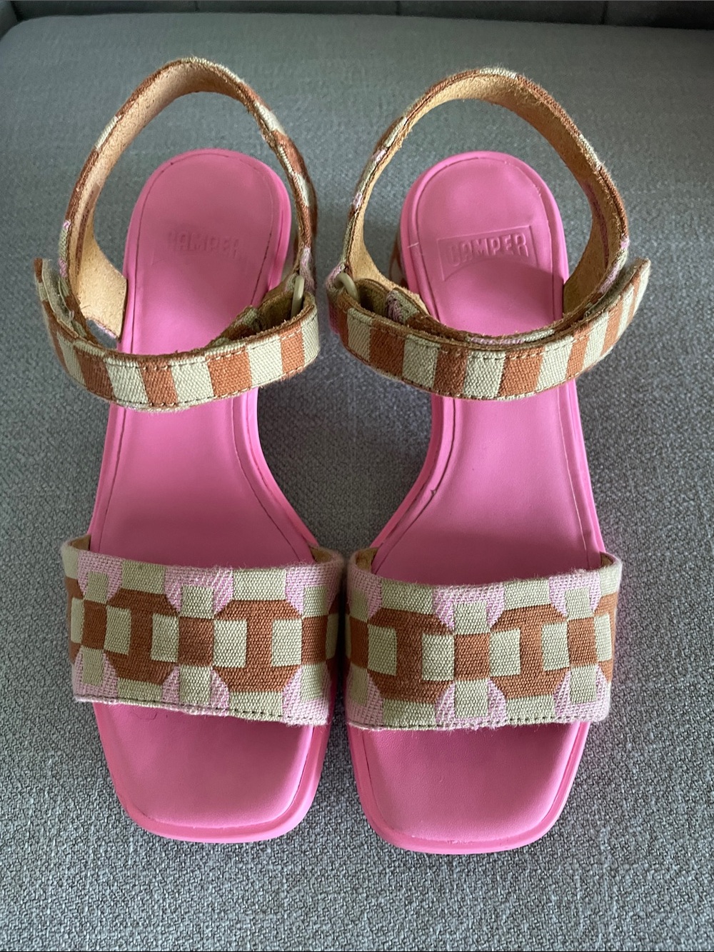 Camper Pink and Tan Patterned Strap Sandals. Excellent Condition. - Picture 3 of 4